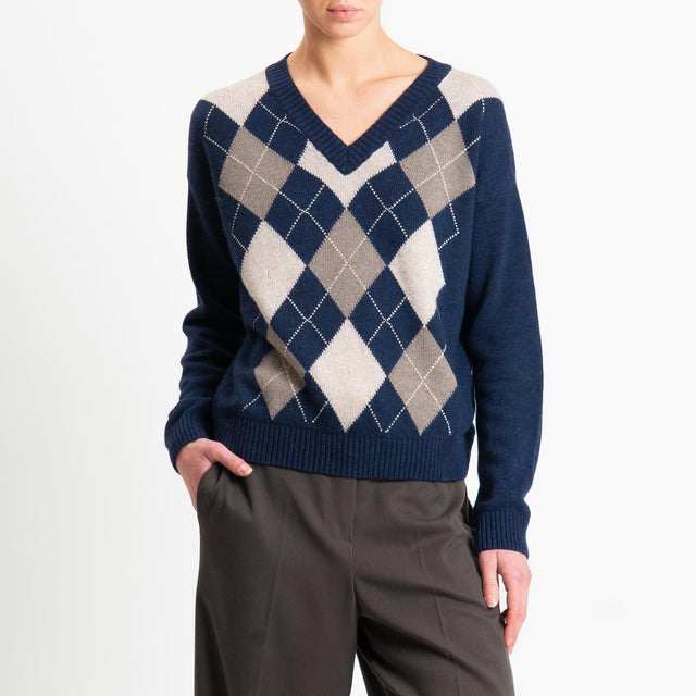 Tensione in-Maglia rombi argyle misto cashmere filo lurex - blu/castoro/noce/oro