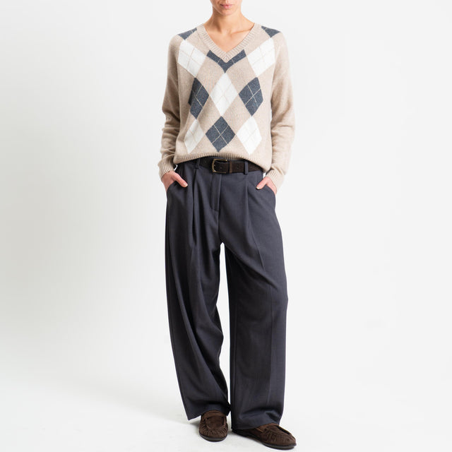 Hilo de lúrex con mezcla de cachemira y rombos de tensión en punto - cachemira/crema/antracita/oro