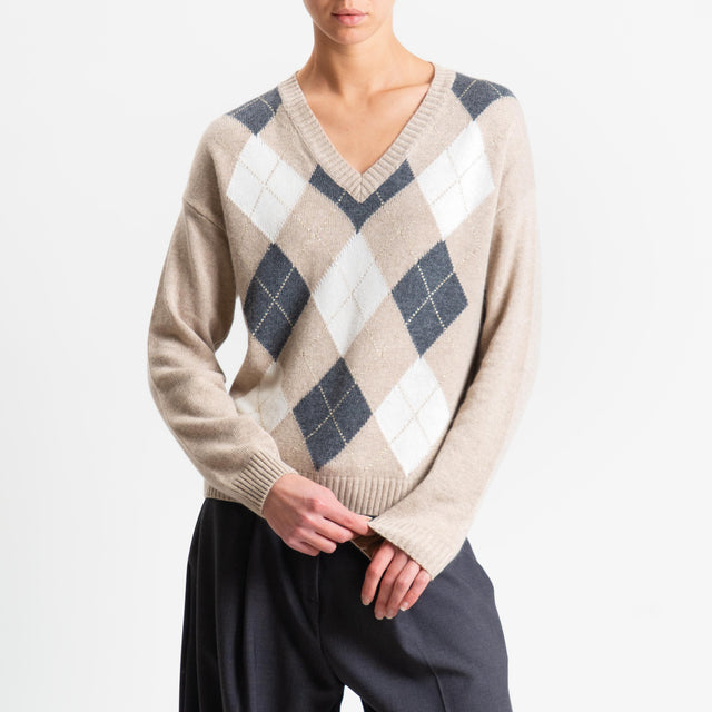 Hilo de lúrex con mezcla de cachemira y rombos de tensión en punto - cachemira/crema/antracita/oro