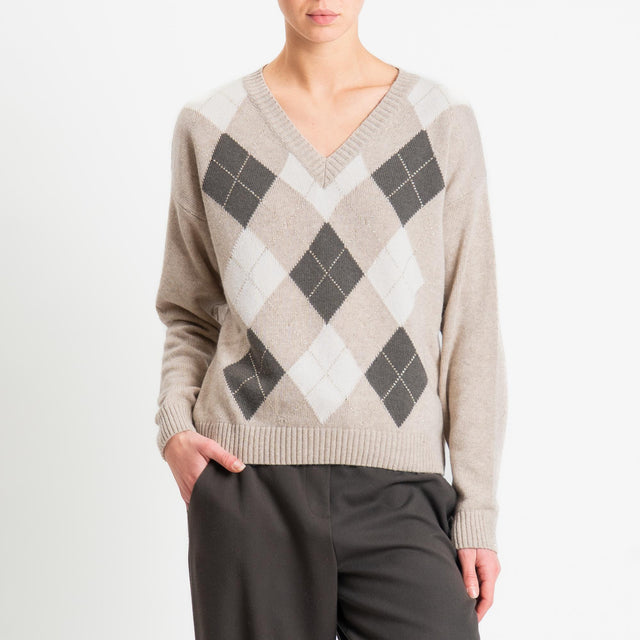 Tensione in-Maglia rombi argyle misto cashmere filo lurex - casha/militare/burro/oro