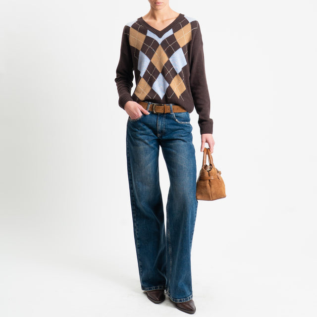 Hilo de lúrex con mezcla de cachemira, rombos y rombos de tensión en punto - marrón oscuro/camel/azul claro/dorado