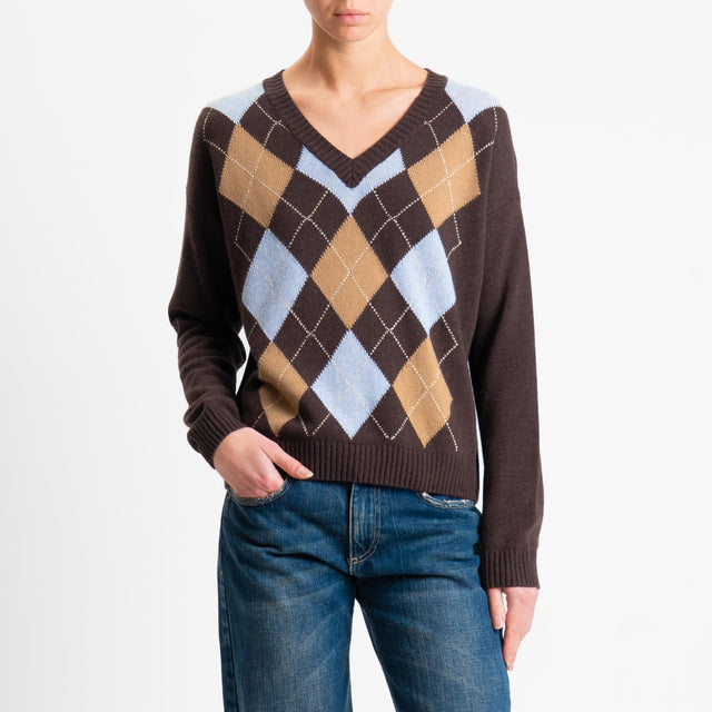 Hilo de lúrex con mezcla de cachemira, rombos y rombos de tensión en punto - marrón oscuro/camel/azul claro/dorado