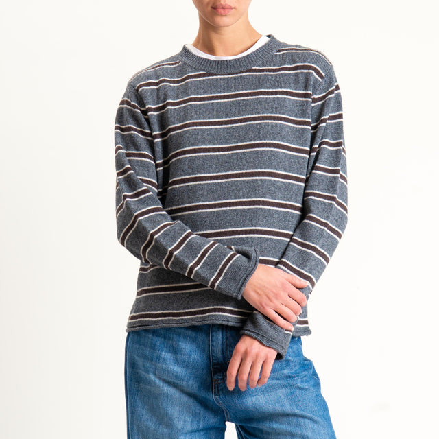 Tensione in-Maglia scatola a righe misto cashmere - antracite/burro/moro