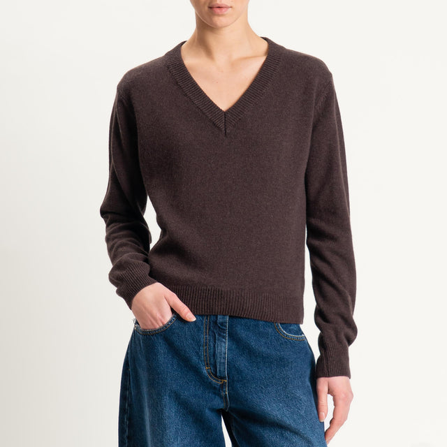 Tensione in-Maglia scollo v misto cashmere - moro