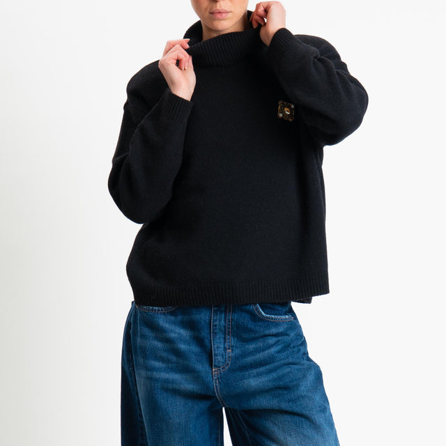 Tensione in-Maglia scatola collo alto misto cashmere con spalline - nero