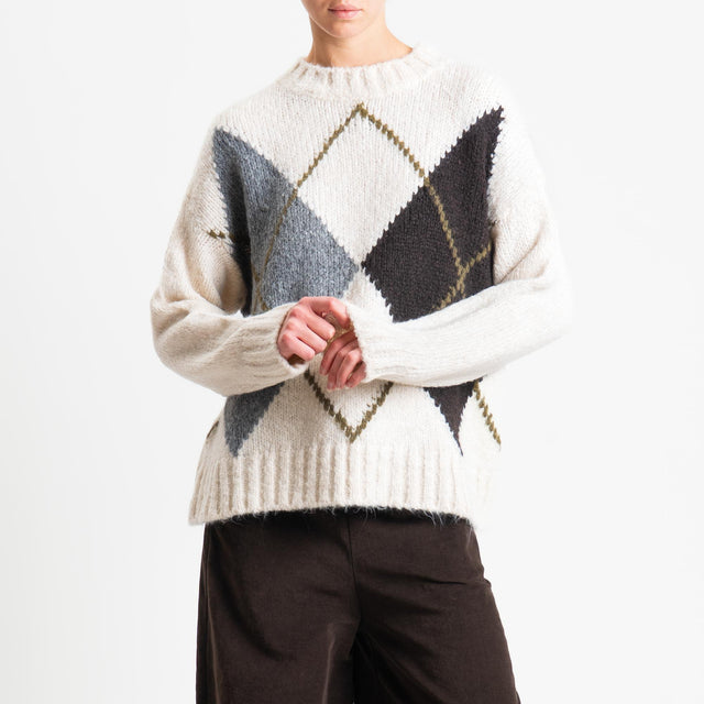 Tensione in-Maglia rombi argyle misto lana - burro/grigio/moro
