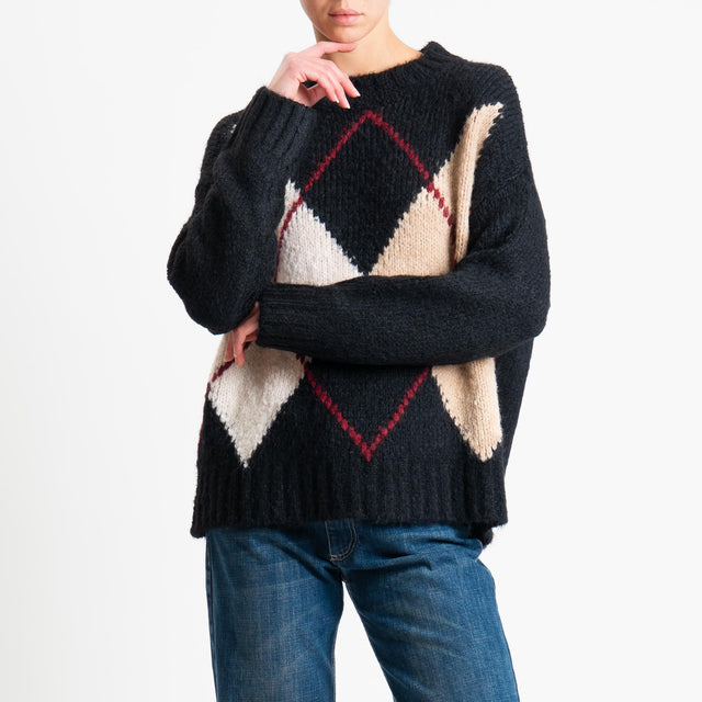 Tensione in-Maglia rombi argyle misto lana - nero/burro/beige