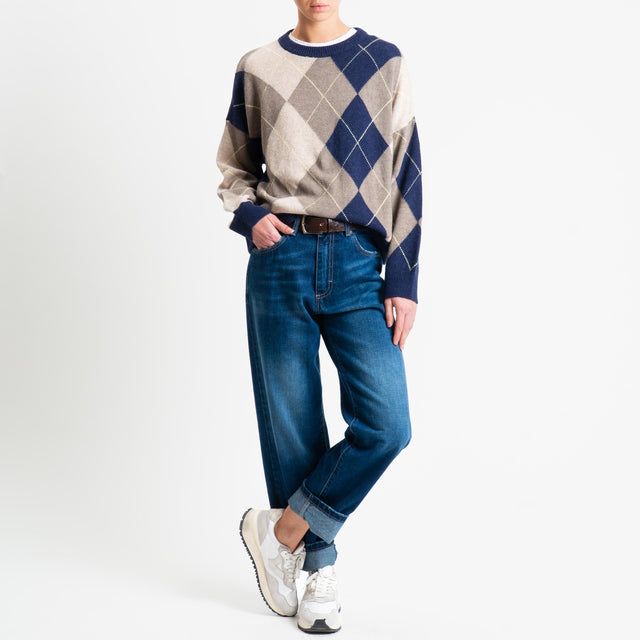 Tensione in-Maglia rombi argyle misto cashmere - blu/castoro/lime