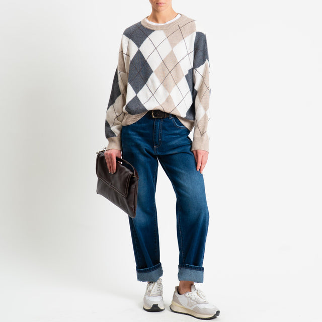 Tensione in-Maglia rombi argyle misto cashmere - casha/panna/antracite