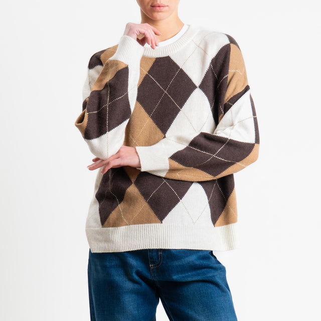 Tensione in-Maglia rombi argyle misto cashmere - panna/moro/camel/oro