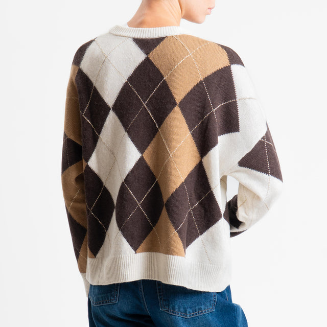 Tensione in-Maglia rombi argyle misto cashmere - panna/moro/camel/oro