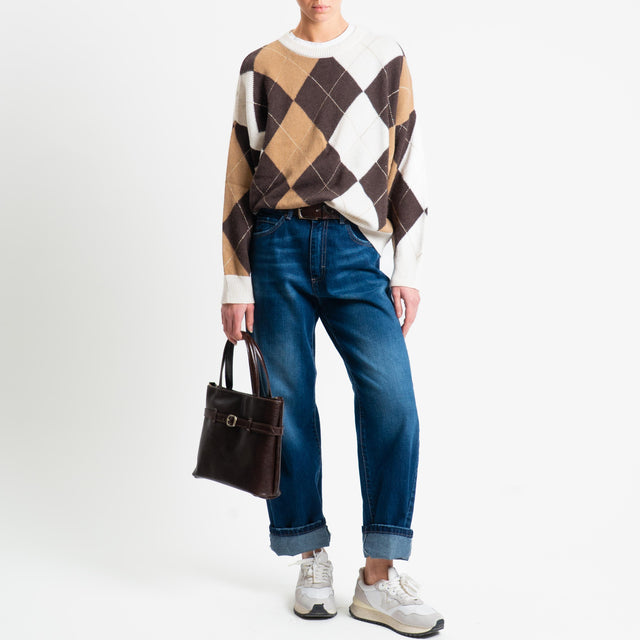 Tensione in-Maglia rombi argyle misto cashmere - panna/moro/camel/oro