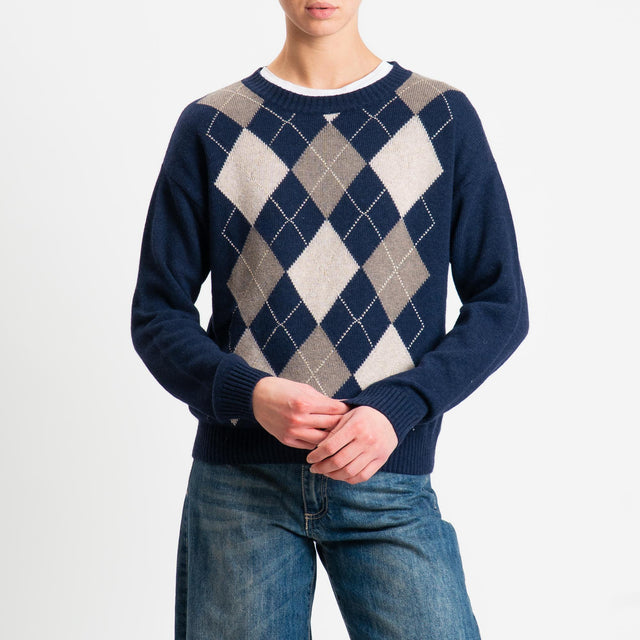 Tensione in-Maglia rombi argyle misto cashmere - blu/castoro/noce/oro