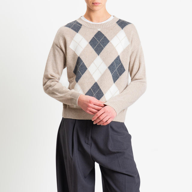 Tensione in-Maglia rombi argyle misto cashmere - casha/panna/antracite/oro
