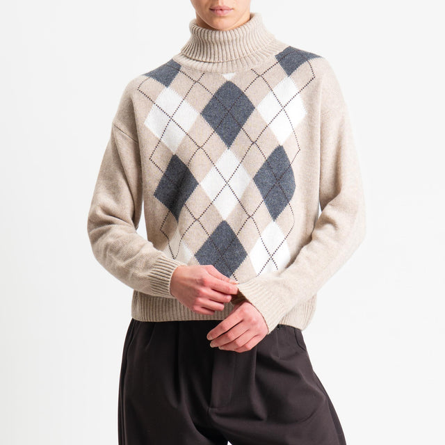 Tensione in-Maglia collo alto rombi argyle misto cashmere - beige/latte/antracite