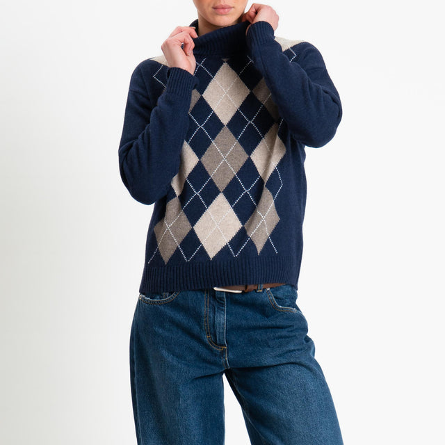 Tensione in-Maglia collo alto rombi misto cashmere - blu/casha/castoro