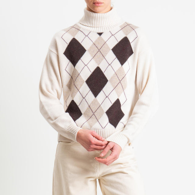 Tensione in-Maglia collo alto rombi argyle misto cashmere - burro/moro/casha