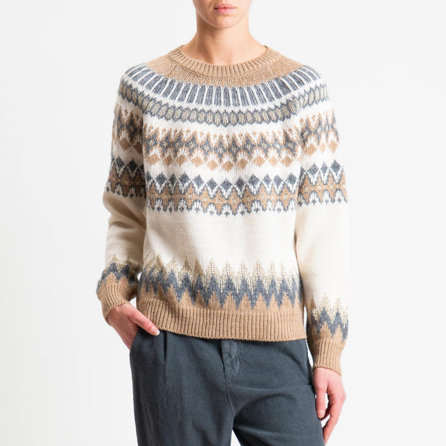 Tensione in-Maglia mohair jacqard fairisle con lurex - camel/burro/grigio