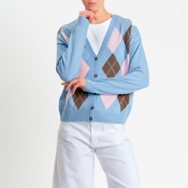 Tensione in-Cardigan argyle - azzurro/tabacco/rosa
