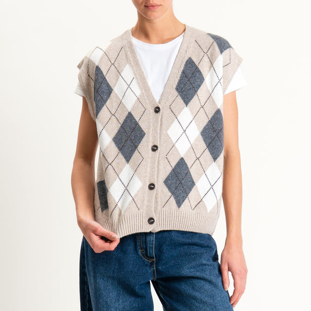 Tensione in-Gilet rombi argyle misto cashmere - beige/panna/antracite