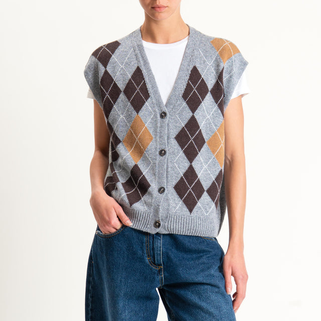 Tensione in-Gilet rombi argyle misto cashmere - grigio/moro/camel