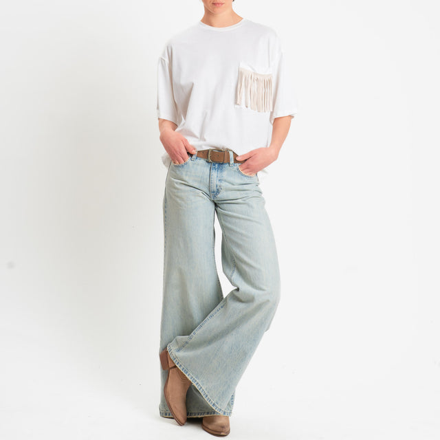 Tensione in-T-shirt con tasca frange similpelle - bianco/beige