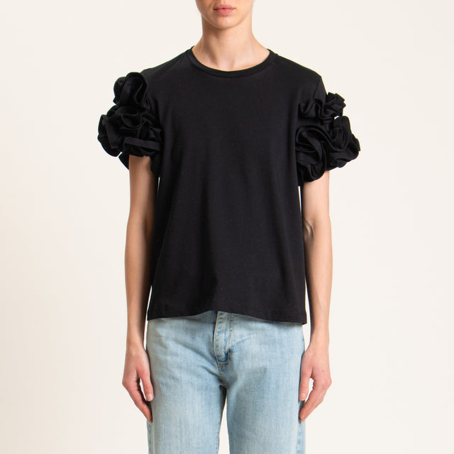 Tensione in-T-shirt girocollo con rouches - nero