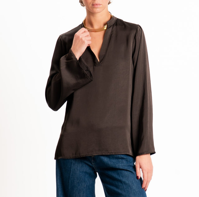 Tensione in-Blusa satin elasticizzato scollo v - moka