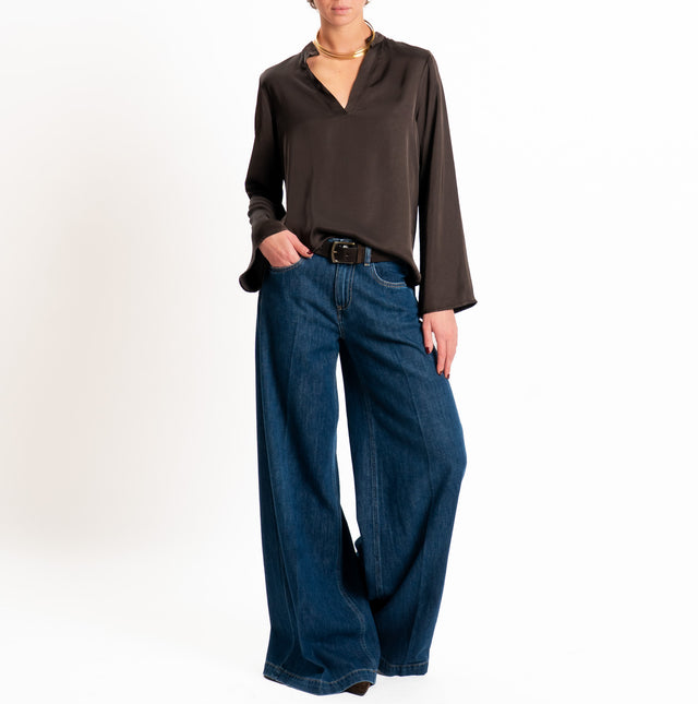 Tensione in-Blusa satin elasticizzato scollo v - moka