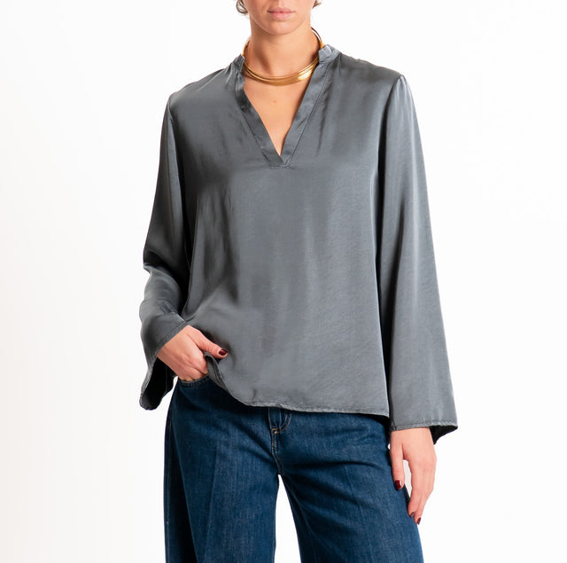 Tensione in-Blusa satin elasticizzato scollo v - piombo