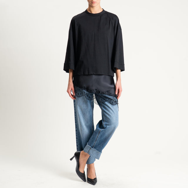 Tensione in-T-shirt + top satin con pizzo - nero/nero