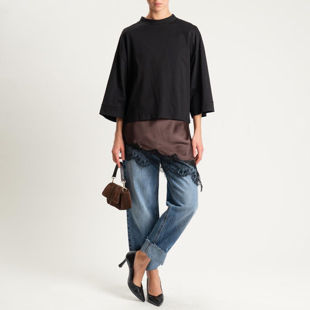 Tensione in-T-shirt + top satin con pizzo - nero/moro