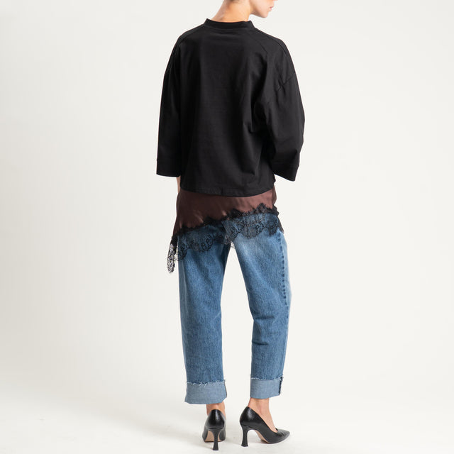 Tensione in-T-shirt + top satin con pizzo - nero/moro