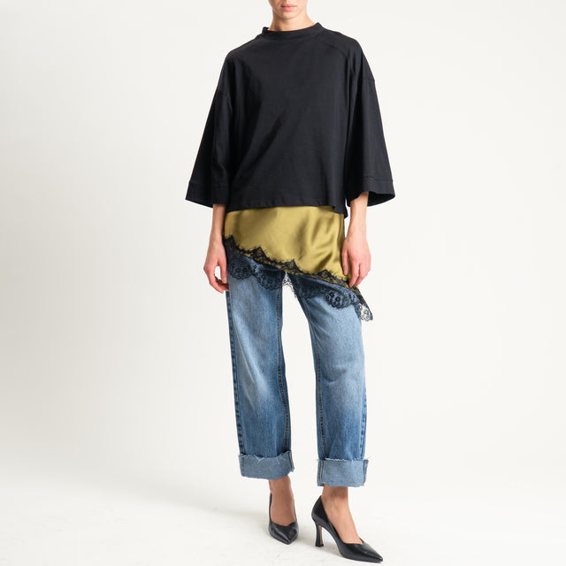Tensione in-T-shirt + top satin con pizzo - nero/olio