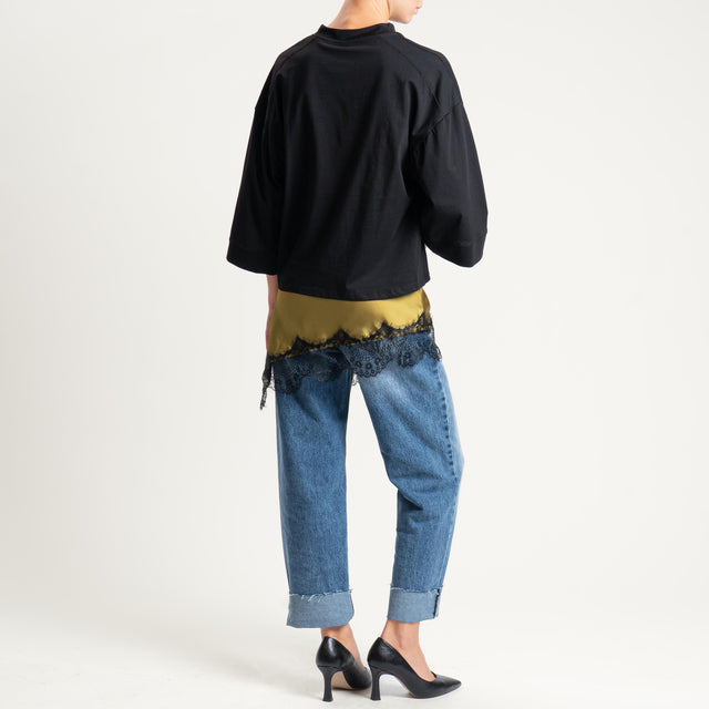 Tensione in-T-shirt + top satin con pizzo - nero/olio
