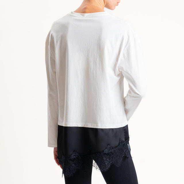 Tensione in-T-shirt doppio tessuto con pizzo - bianco/nero
