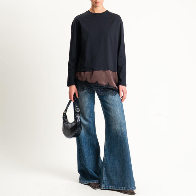 Tensione in-T-shirt doppio tessuto con pizzo - nero/cioccolato