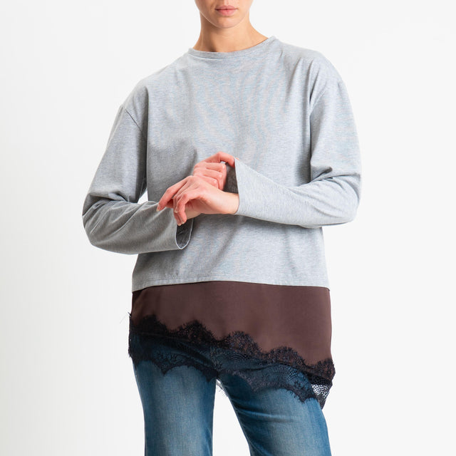Tensione in-T-shirt doppio tessuto con pizzo - grigio/cioccolato