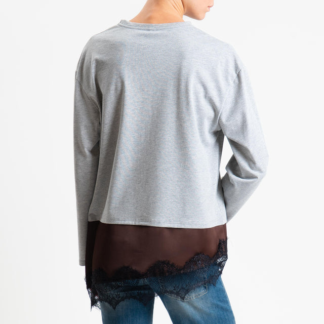 Tensione in-T-shirt doppio tessuto con pizzo - grigio/cioccolato