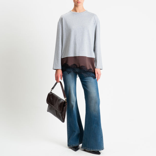 Tensione in-T-shirt doppio tessuto con pizzo - grigio/cioccolato