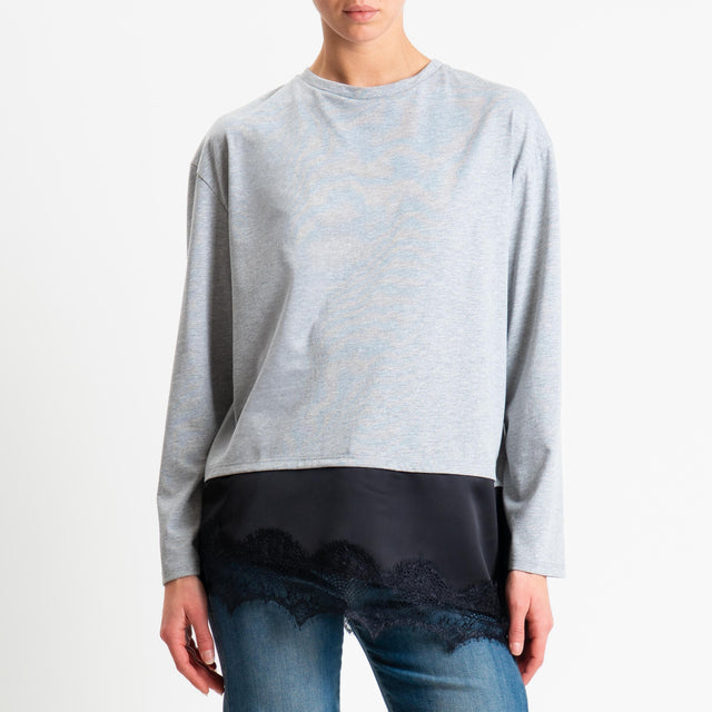 Tensione in-T-shirt doppio tessuto con pizzo - grigio/nero