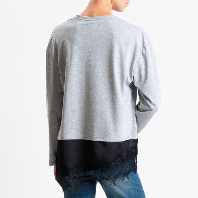 Tensione in-T-shirt doppio tessuto con pizzo - grigio/nero