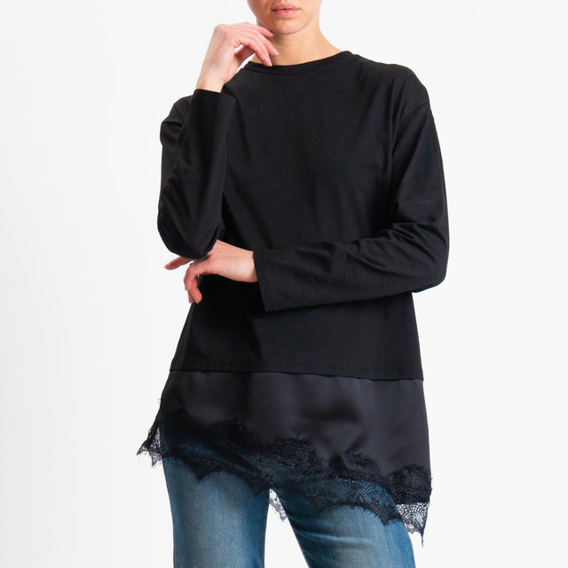 Tensione in-T-shirt doppio tessuto con pizzo - nero/nero