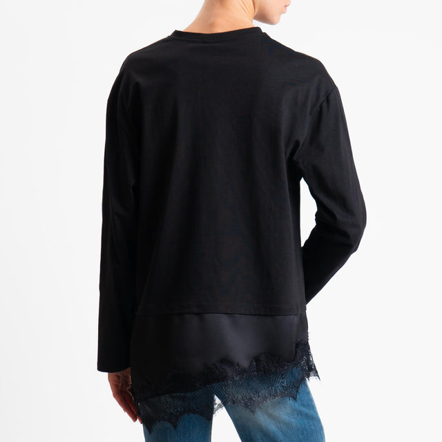 Tensione in-T-shirt doppio tessuto con pizzo - nero/nero