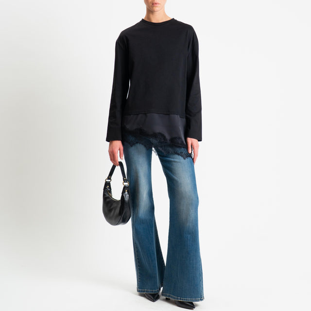 Tensione in-T-shirt doppio tessuto con pizzo - nero/nero