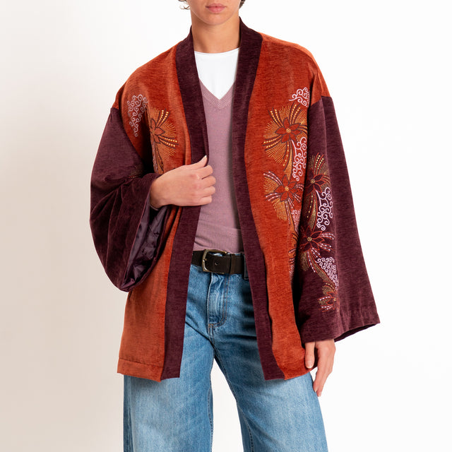 Tensione in-Kimono velluto ricamato - coccio/bordeaux