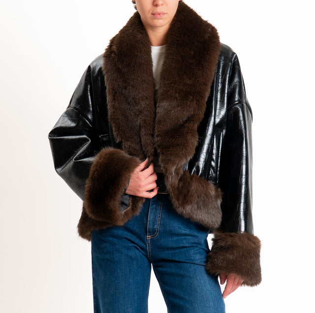 Tensione in-Bomber similpelle con ecopelliccia - nero