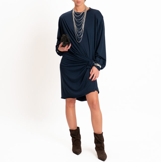 Tensione in-Abito in jersey nodo laterale con spalline imbottite - blu