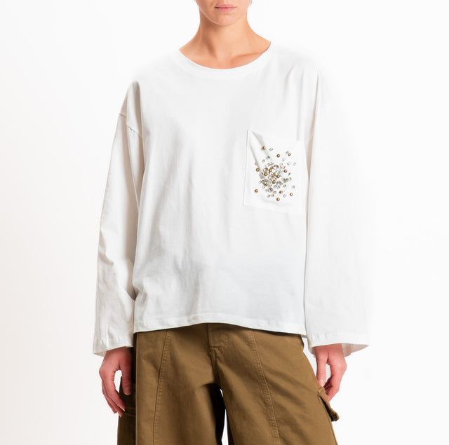 Tensione in-T-shirt taschino con applicazione cabochon - panna