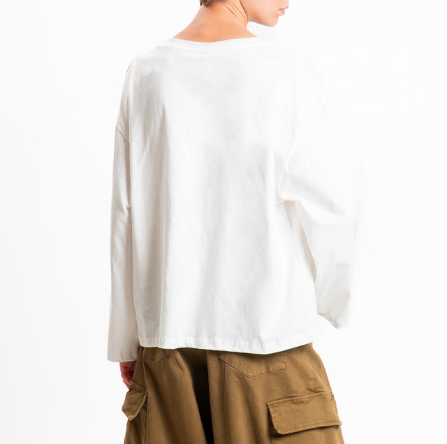 Tensione in-T-shirt taschino con applicazione cabochon - panna